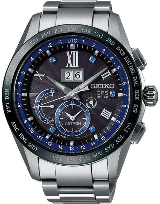 Seiko Seiko Astron GPS Solar SSE145J1  SSE145J1  мужские часы черный циферблат, браслет  — вид спереди