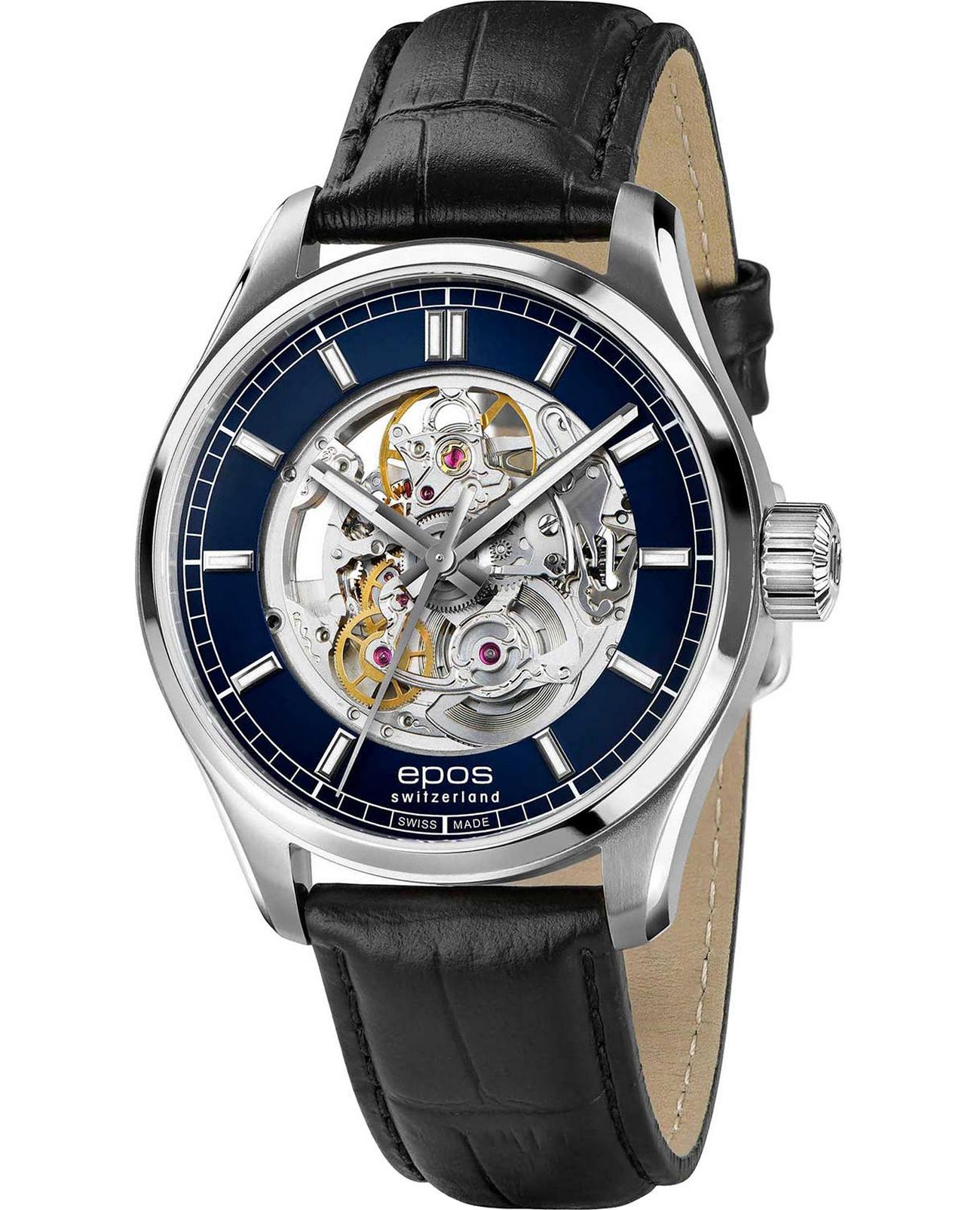 Epos Epos Passion 3501.135.20.16.25  3501.135.20.16.25 механические мужские часы синий циферблат, браслет кожаный — вид спереди