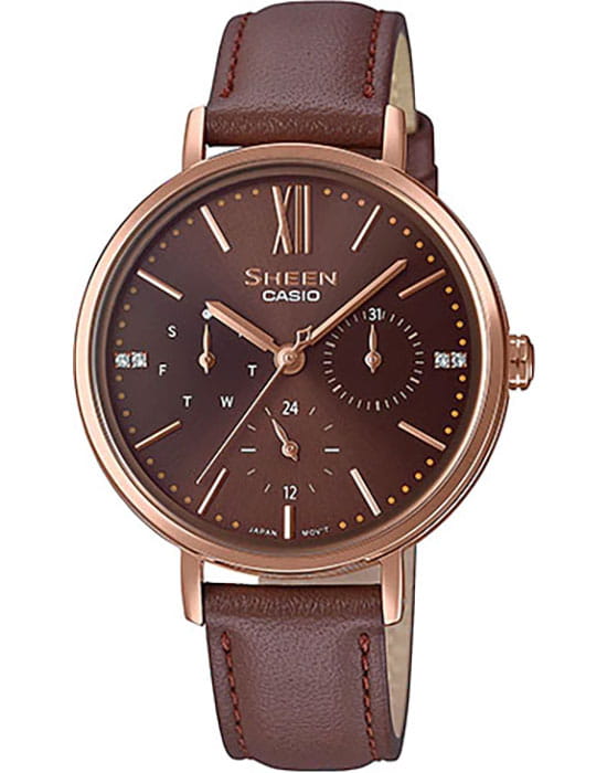 Casio Casio Sheen SHE-3064PGL-5AUER  SHE-3064PGL-5AUER кварцевые женские часы коричневый циферблат, браслет кожаный — вид спереди