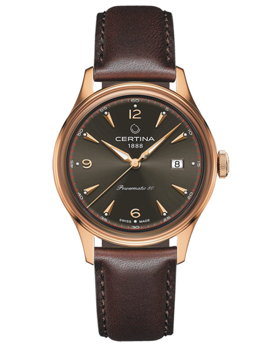 Certina Certina Heritage DS Powermatic 80 C038.407.36.087.00  C0384073608700 механические мужские часы коричневый циферблат, браслет кожаный — вид спереди