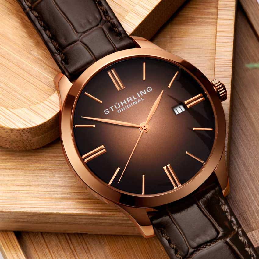 Stuhrling Stuhrling Symphony 4014.3,  сша мужские часы на браслете кожаный боковой вид