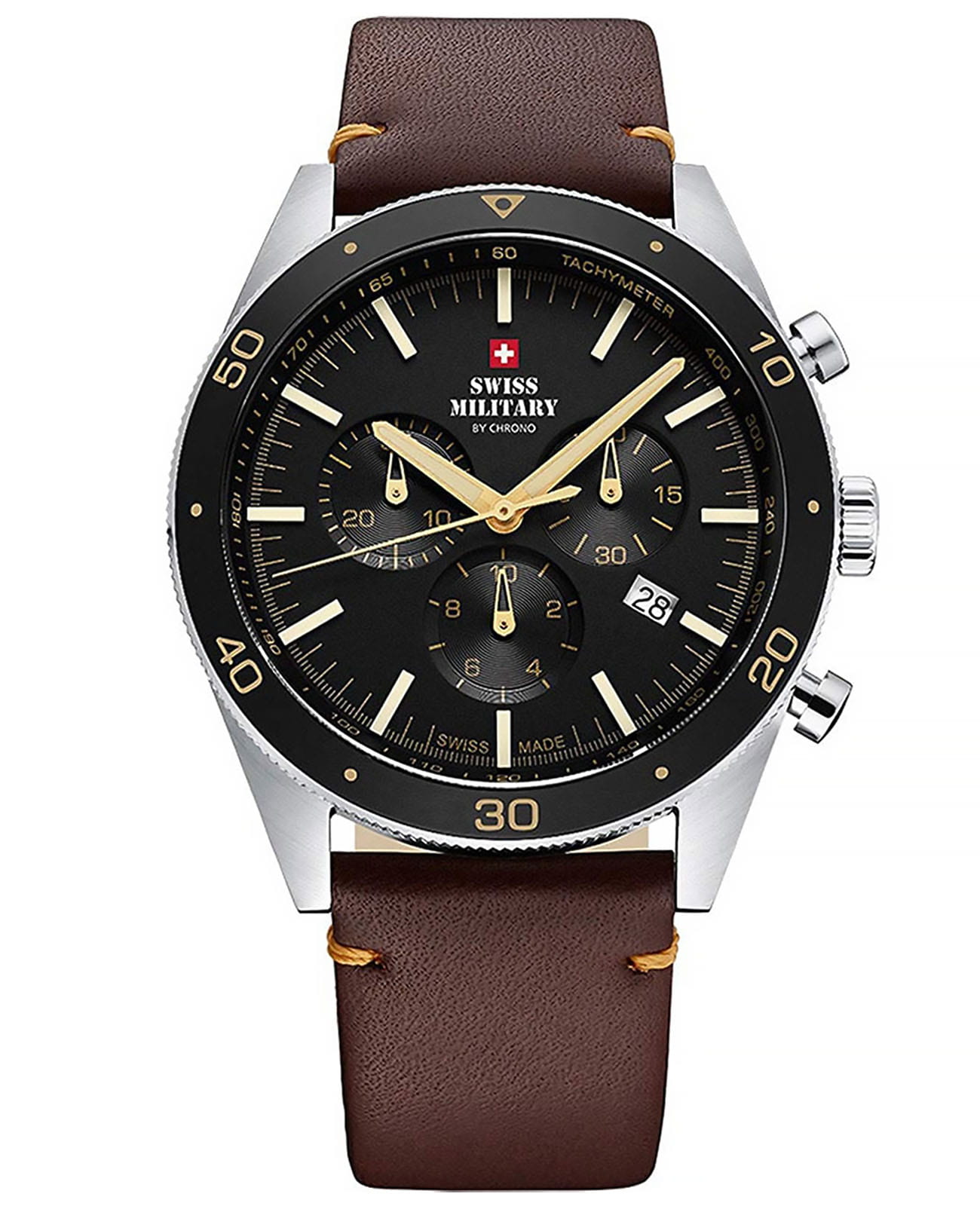Swiss Military by Chrono Swiss Military by Chrono SM34079.06  SM34079.06 кварцевые мужские часы черный циферблат, браслет кожаный — вид спереди