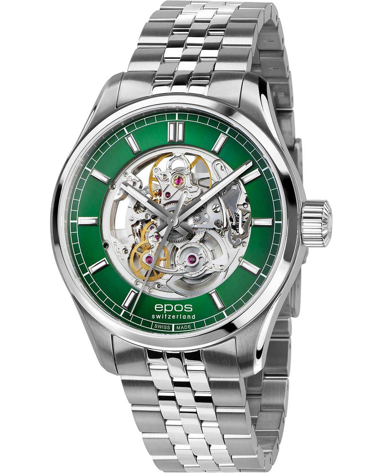 Epos Epos Passion 3501.135.20.13.30  3501.135.20.13.30 механические мужские часы зеленый циферблат, браслет нержавеющая сталь — вид спереди