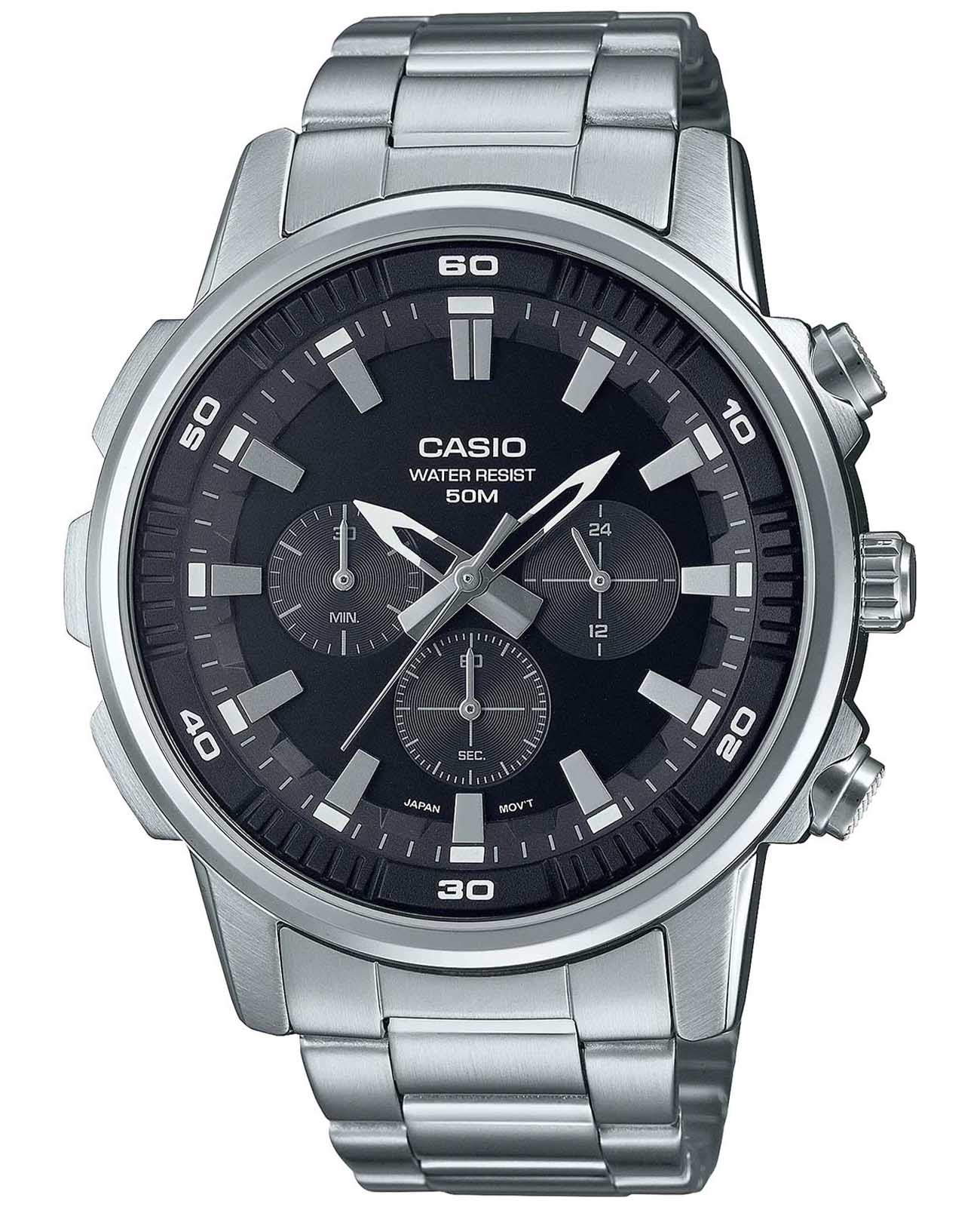 Casio Casio Collection MTP-E505D-1A  MTP-E505D-1A кварцевые мужские часы черный циферблат, браслет нержавеющая сталь — вид спереди