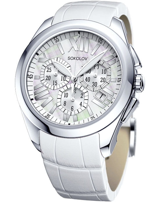 Sokolov 148.30.00.000.07.02.2  148.30.00.000.07.02.2 кварцевые женские часы серебристый циферблат, браслет кожаный — вид спереди