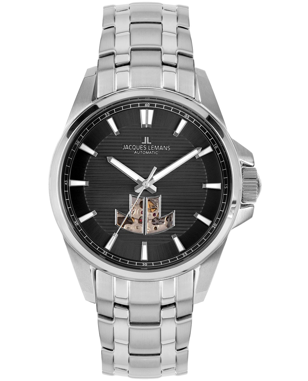 Jacques Lemans Jacques Lemans Sport 1-2209F  1-2209F механические мужские часы черный циферблат, браслет нержавеющая сталь — вид спереди