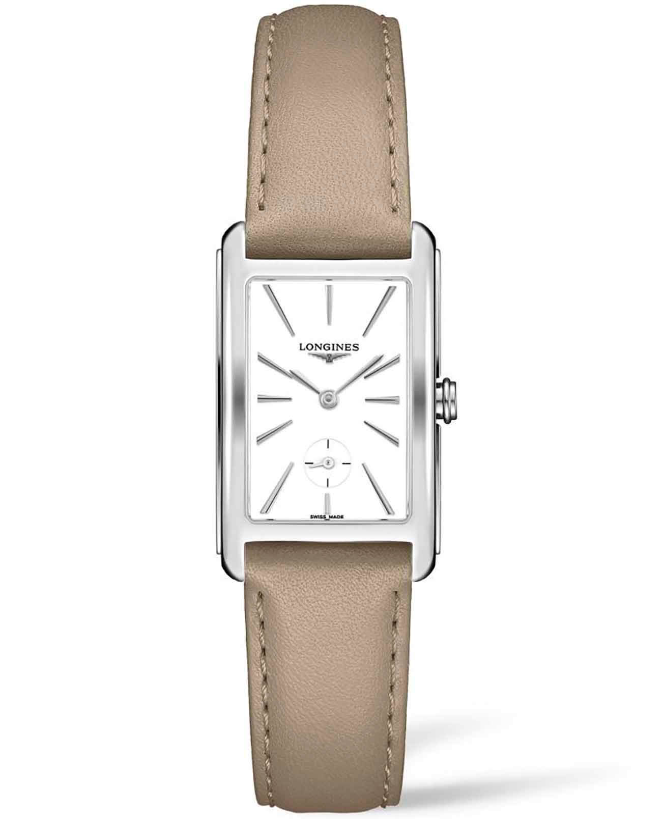 Longines Longines DolceVita L5.512.4.11.7  L55124117 кварцевые женские часы белый циферблат, браслет кожаный — вид спереди