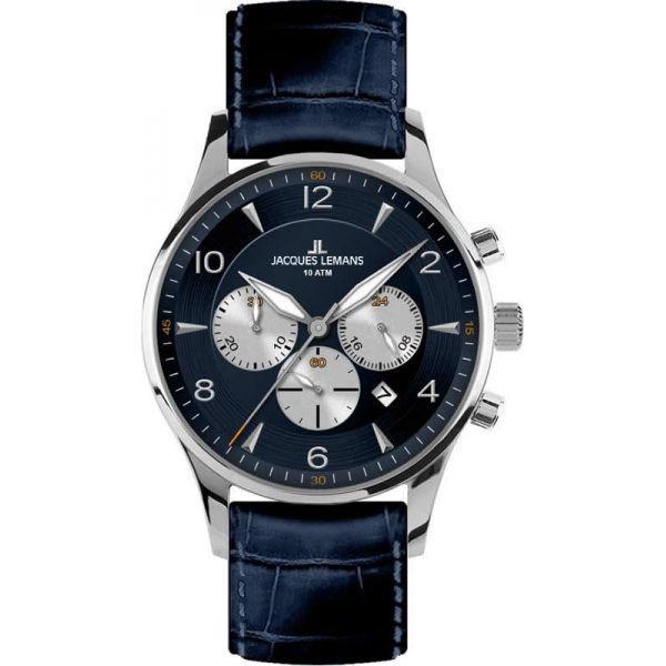 Jacques Lemans Jacques Lemans 1-1654C  1-1654C кварцевые мужские часы синий циферблат, браслет кожа + текстиль — вид спереди