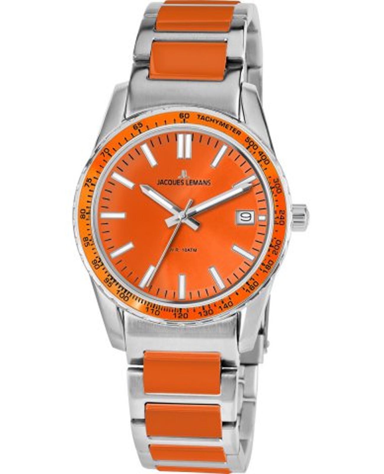 Jacques Lemans Jacques Lemans Liverpool 1-2060L  1-2060L кварцевые мужские часы оранжевый циферблат, браслет нержавеющая сталь 316l + полиуретан — вид спереди